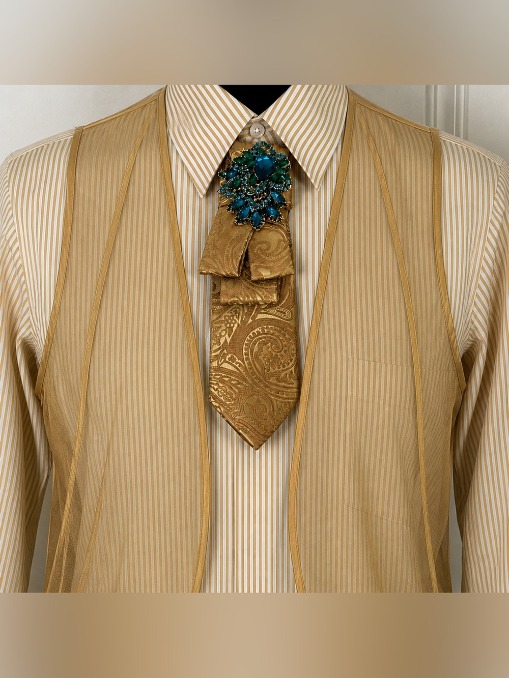 OOAK Gold Brocade Barry Wang Necktie Necklace with Emerald Brooch and Chain